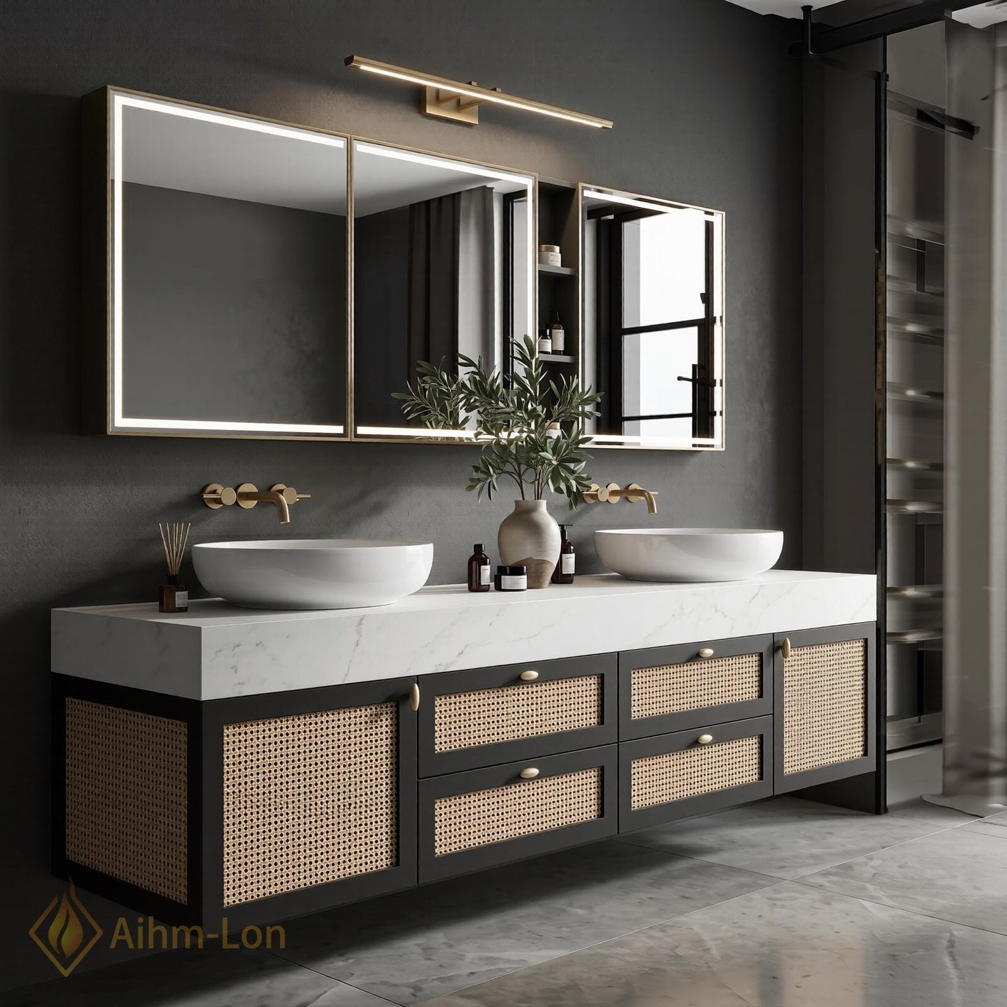 70''-96'' Double Bathroom Vanity with Sink White Marble Top Floating Rattan Doors