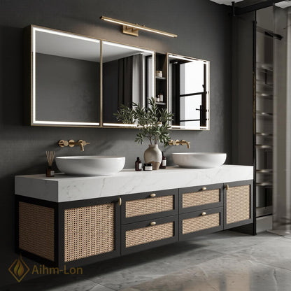 70''-96'' Double Bathroom Vanity with Sink White Marble Top Floating Rattan Doors