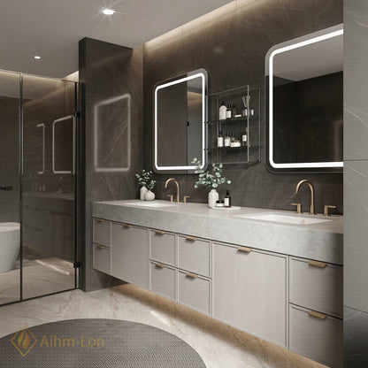 76''-96'' Double Bathroom Vanity with Sink Grey Floating Modern Wood-Grain Mirror-Cabinet Vanities