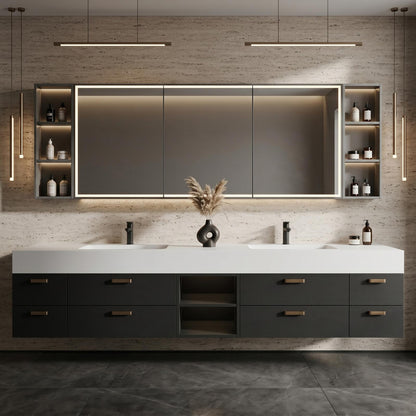 60''-96'' Double Bathroom Vanity with Sink Modern Floating Textured Grey Finish Spacious Mirror