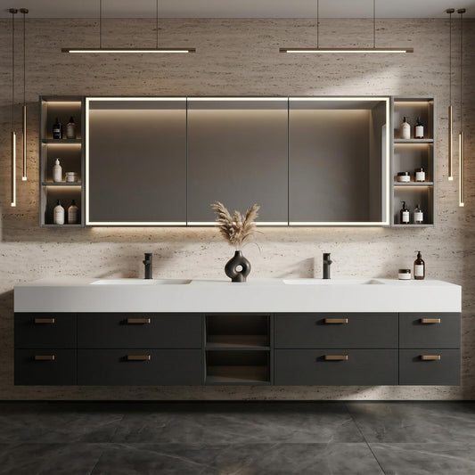 60''-96'' Double Bathroom Vanity with Sink Modern Floating Textured Grey Finish Spacious Mirror