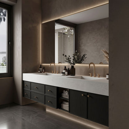 70''-96'' Double Bathroom Vanity with Sink Wall-Mounted Dark Oak Wood Grain Glass Shelf