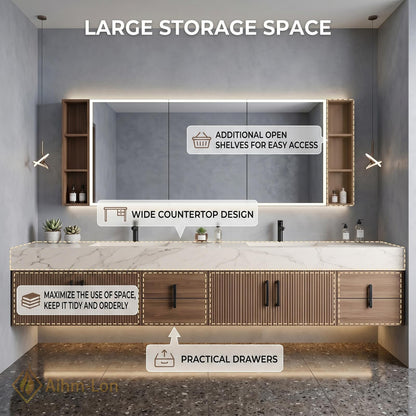 70''-96'' Modern Double Bathroom Vanity with Sink Warm Wood Slatted Front Panels
