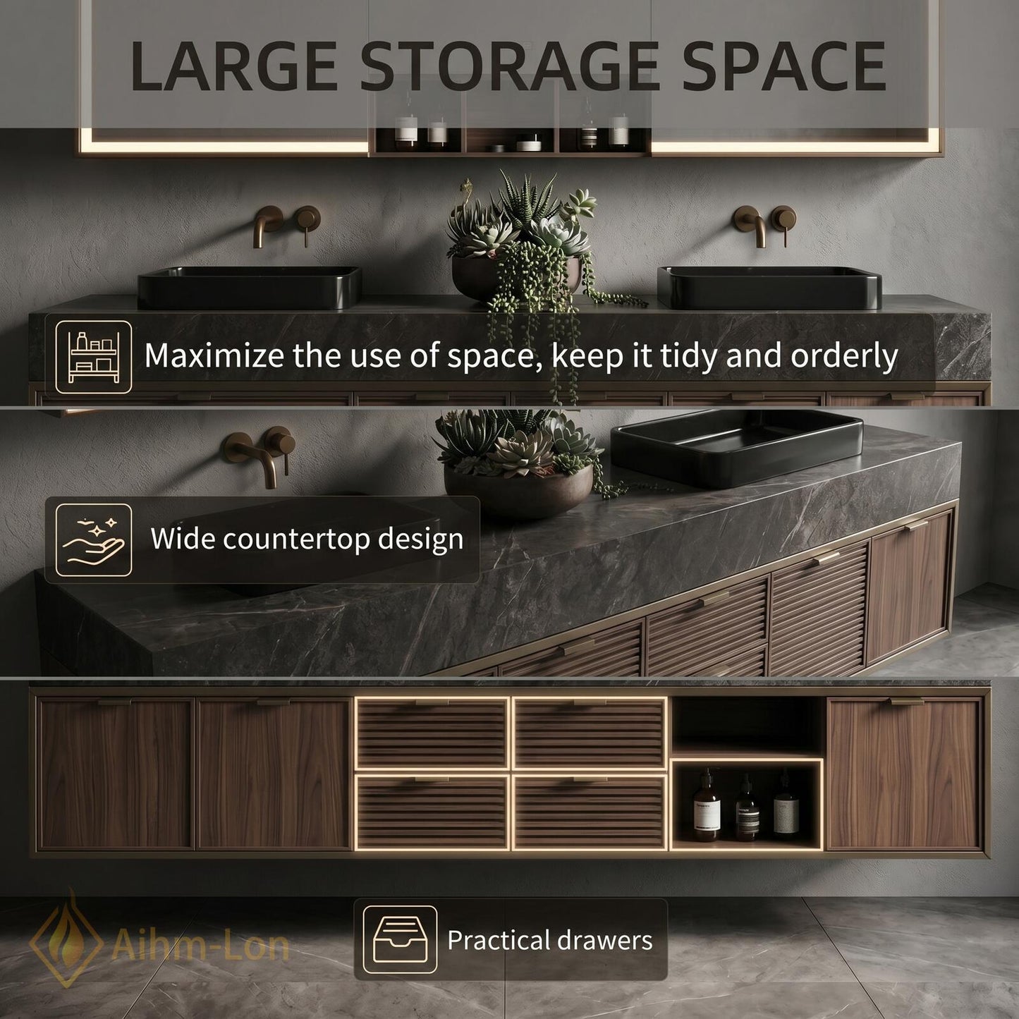 70''-96'' Modern Double Bathroom Vanity with Sink Dark Stone Slatted Drawers Storage