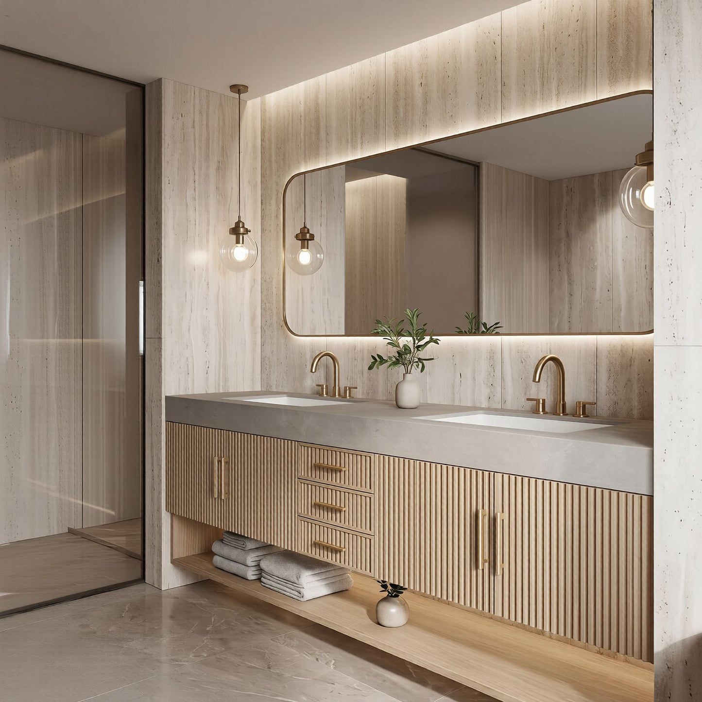 60''-96'' Modern Bathroom Vanity with Sink Double Sink Vertical Fluted Warm Wood-Grain Cabinet