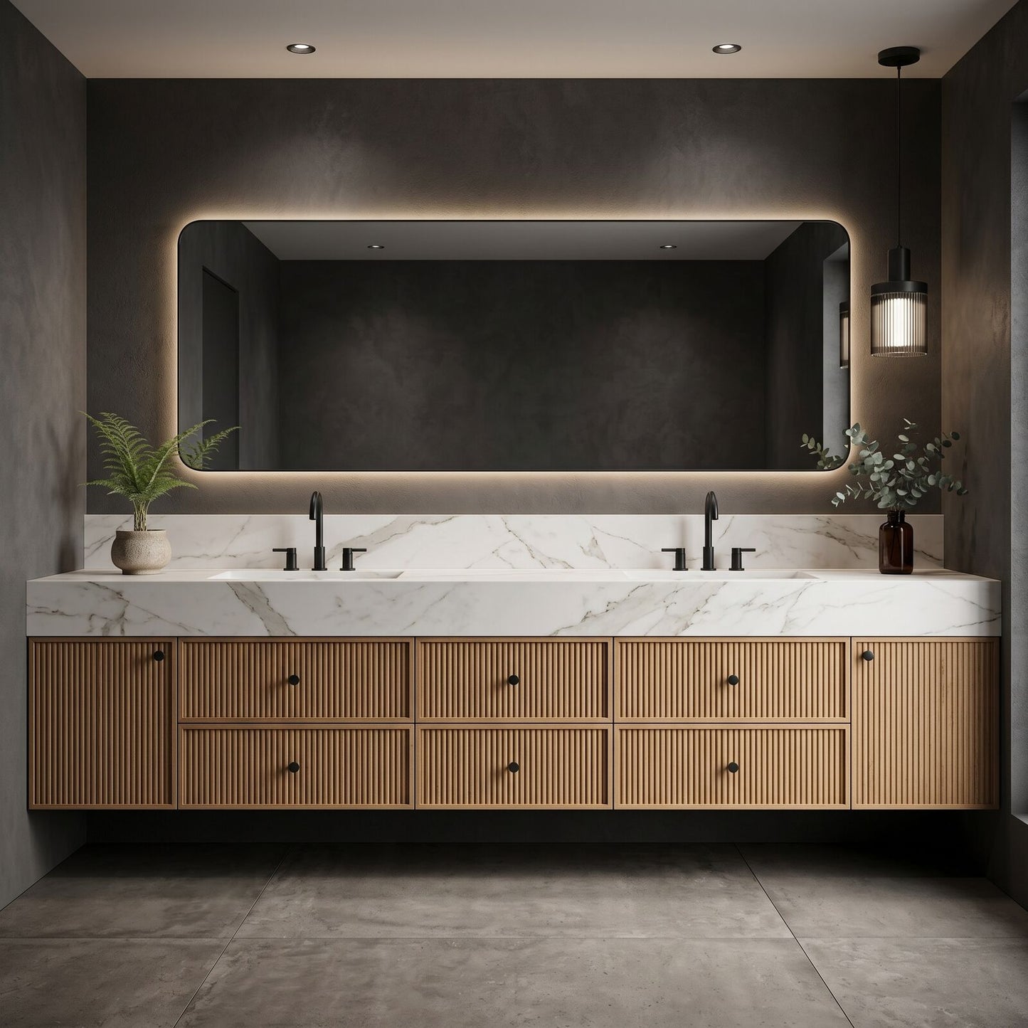 70''-96'' Modern Bathroom Vanity with Sink Double Sink Vertical Slat White Marble Pattern Cabinet