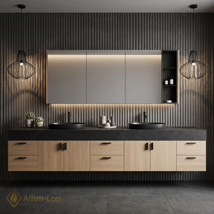 60''-96'' Double Bathroom Vanity with Sink Floating Light Oak Dark Stone Top