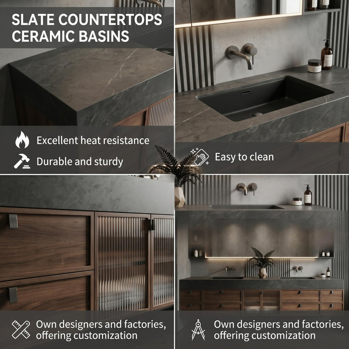60''-96'' Double Bathroom Vanity with Sink Modern Floating Slatted Wood Dark Stone Top