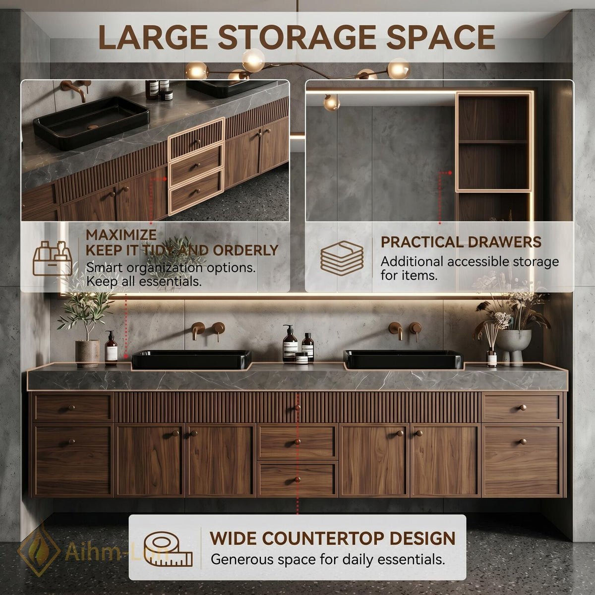 60''-96'' Double Bathroom Vanity with Sink Slatted Ribbed Front Warm Walnut Cabinet