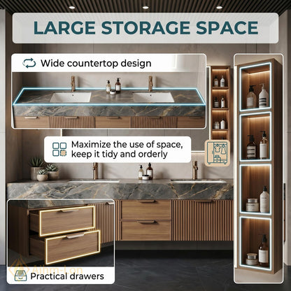 72''-96'' Double Bathroom Vanity with Sink Dark Modern Floating Stone Countertop Front