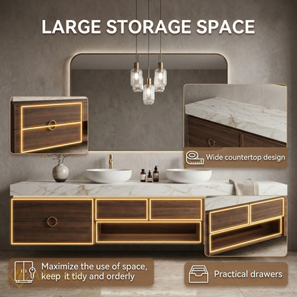 60''-96'' Double Bathroom Vanity with Sink Modern Units Natural Marble Top Integrated