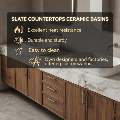 70''-96'' Modern Bathroom Vanity with Sink Double Sink White Marble Dark Walnut Cabinet