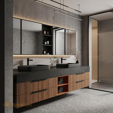 60''-96'' Double Bathroom Vanity with Sink Floating Dark Stone Top Walnut Drawers
