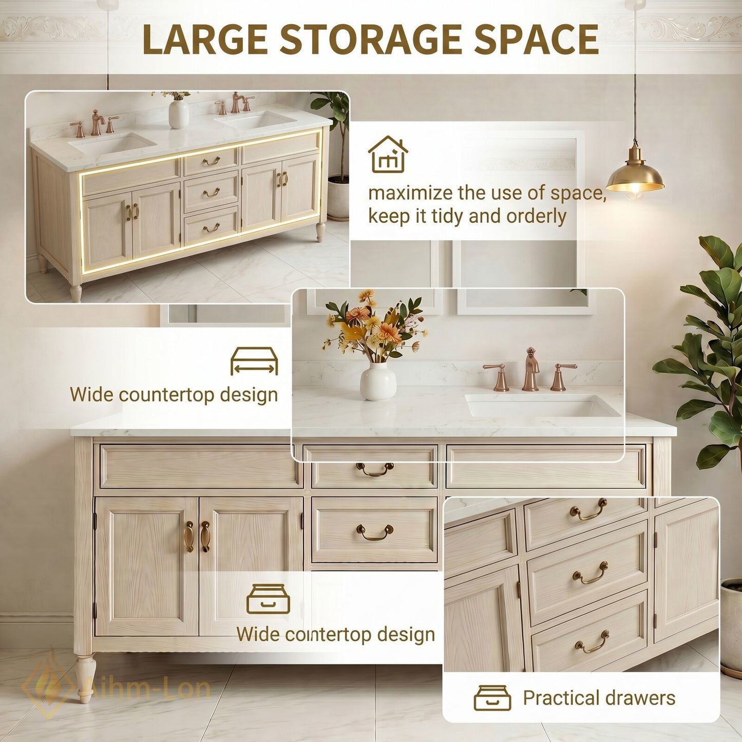 76''-96'' Classic Bathroom Vanity with Sink Light Wood Grain Marble Shaker Drawers
