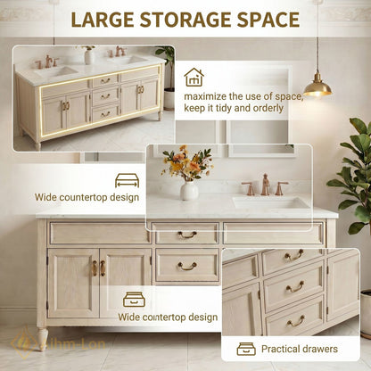 76''-96'' Classic Bathroom Vanity with Sink Light Wood Grain Marble Shaker Drawers