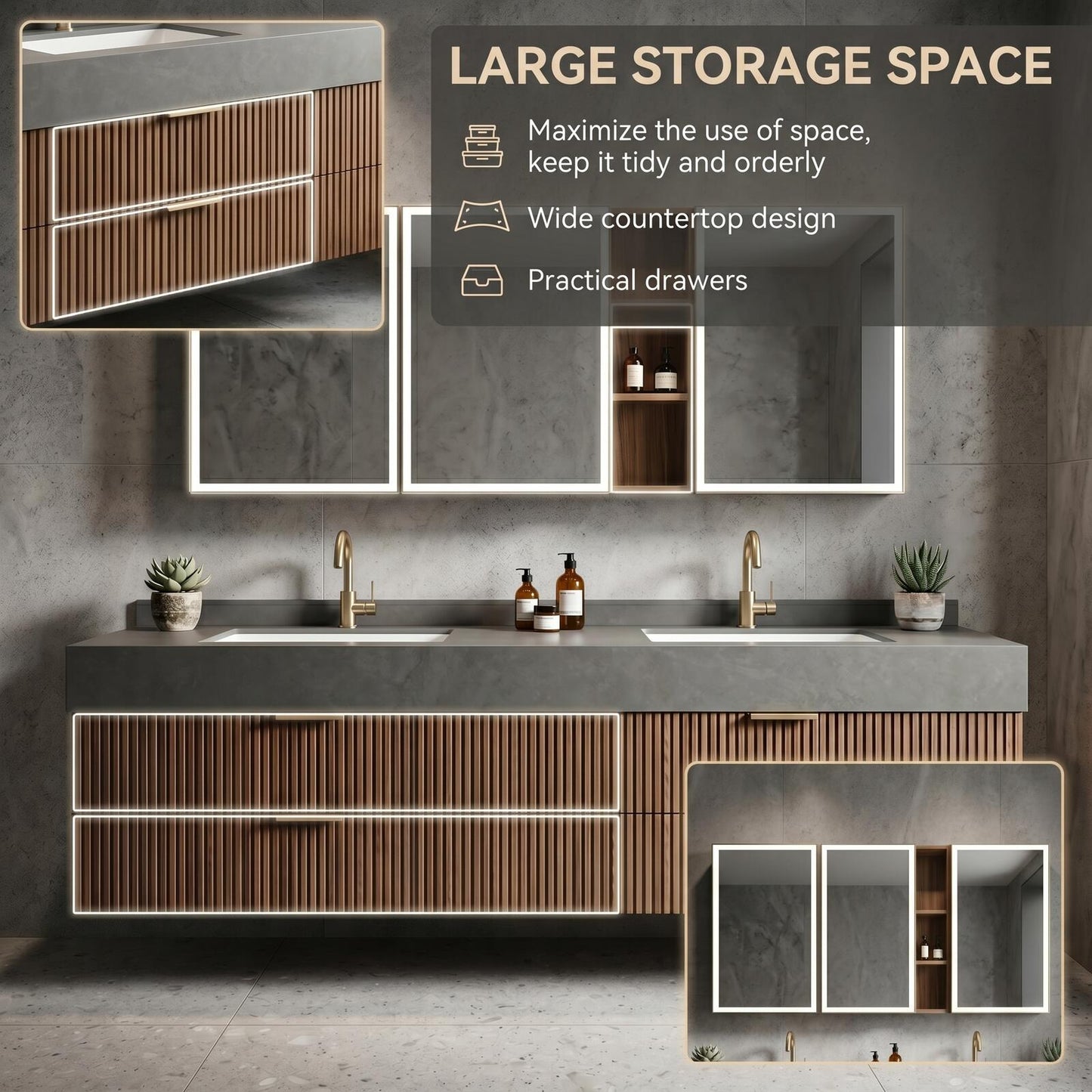 60''-96'' Floating Bathroom Vanity with Sink Double Sink Dark Grey Stone Vertical Slatted Wood