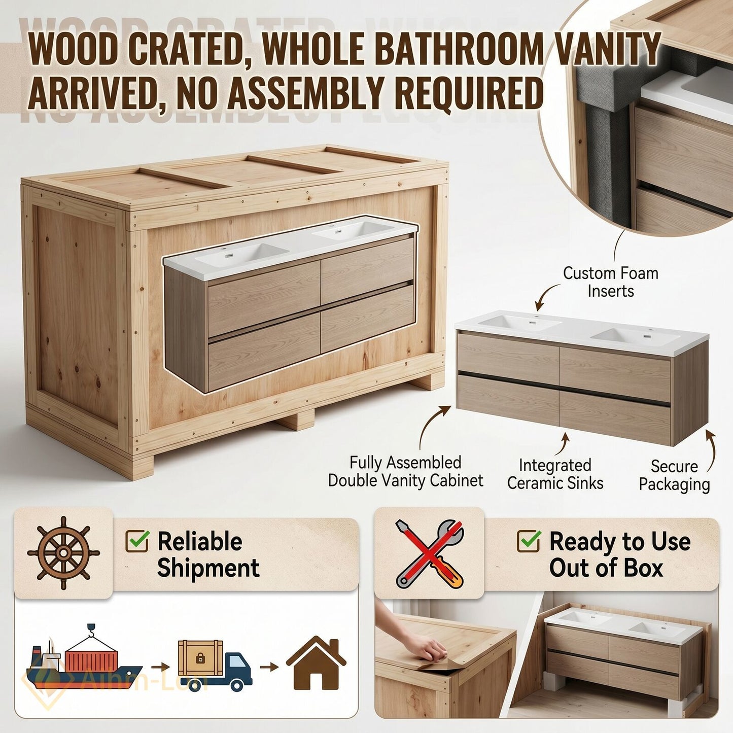 60''-96'' Modern Bathroom Vanity with Sink Floating Natural Wood-Grain Stone Drawers