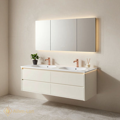 60''-96'' Modern Bathroom Vanity with Sink Floating Matte White Anti-Fog Mirror Drawers