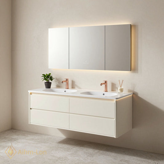 60''-96'' Modern Bathroom Vanity with Sink Floating Matte White Anti-Fog Mirror Drawers