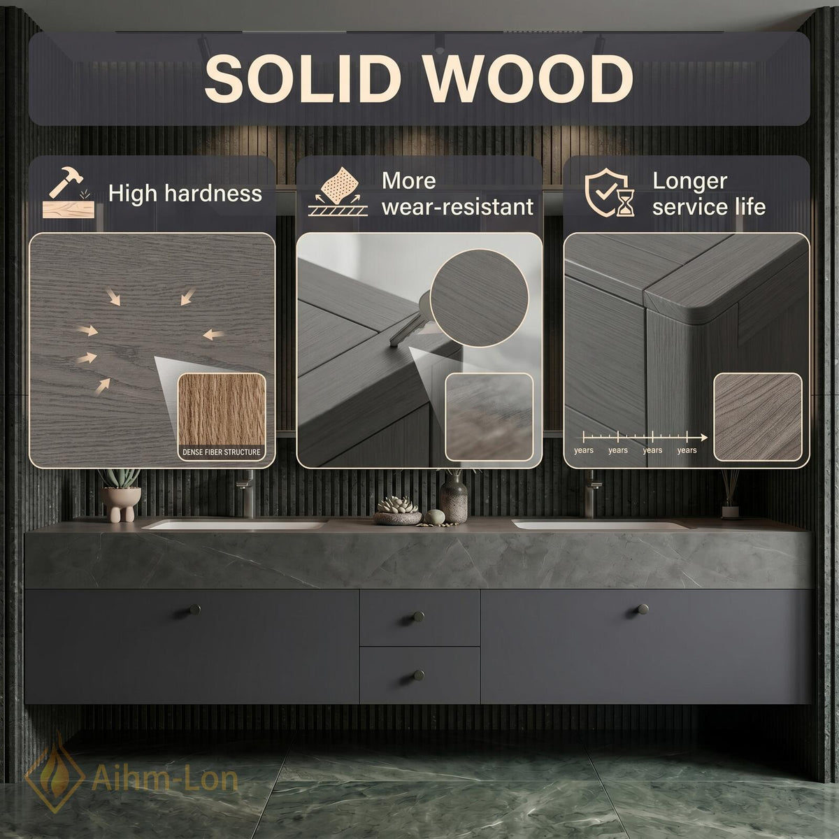 60''-96'' Double Bathroom Vanity with Sink Stone Look Slatted Back Mirror Cabinet