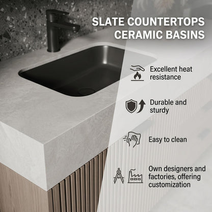 60''-96'' Modern Bathroom Vanity with Sink Double Sink Slatted Veneer Concrete Top Mirror Cabinet