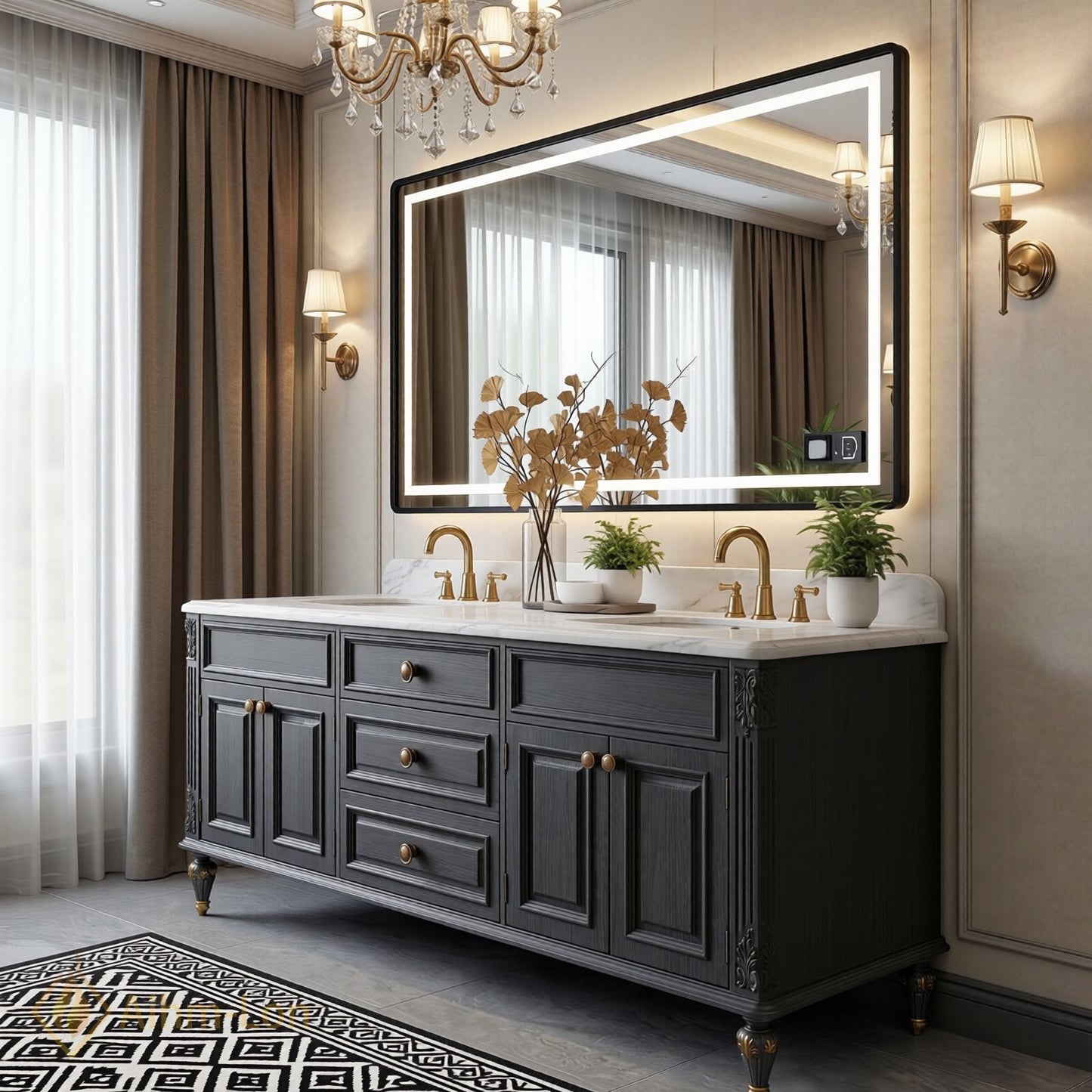 70''-96'' Double Bathroom Vanity with Sink Marble Top Cabinet Drawers Storage
