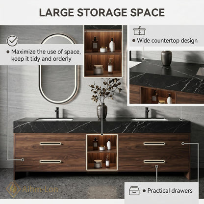 60''-96'' Double Bathroom Vanity with Sink Dark-Walnut Modern Floating Slatted Center Panel
