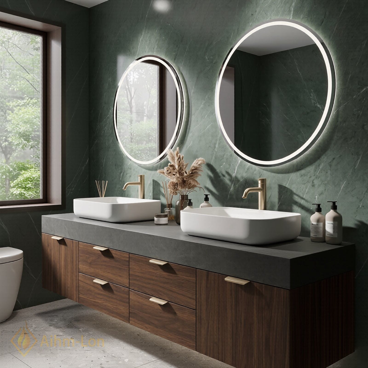 60''-96'' Double Bathroom Vanity with Sink Dark Walnut Slatted Center Panel Shelving