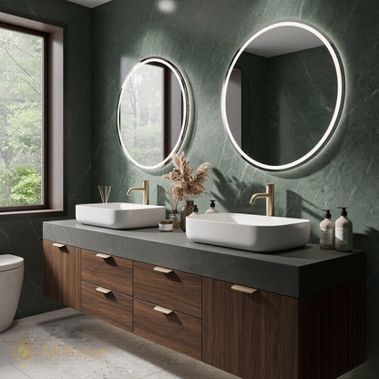 60''-96'' Double Bathroom Vanity with Sink Dark Walnut Slatted Center Panel Shelving