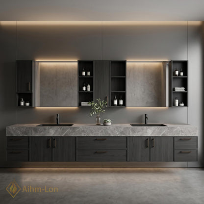76''-96'' Modern Bathroom Vanity with Sink Floating Grey Stone Dark Wood Drawers