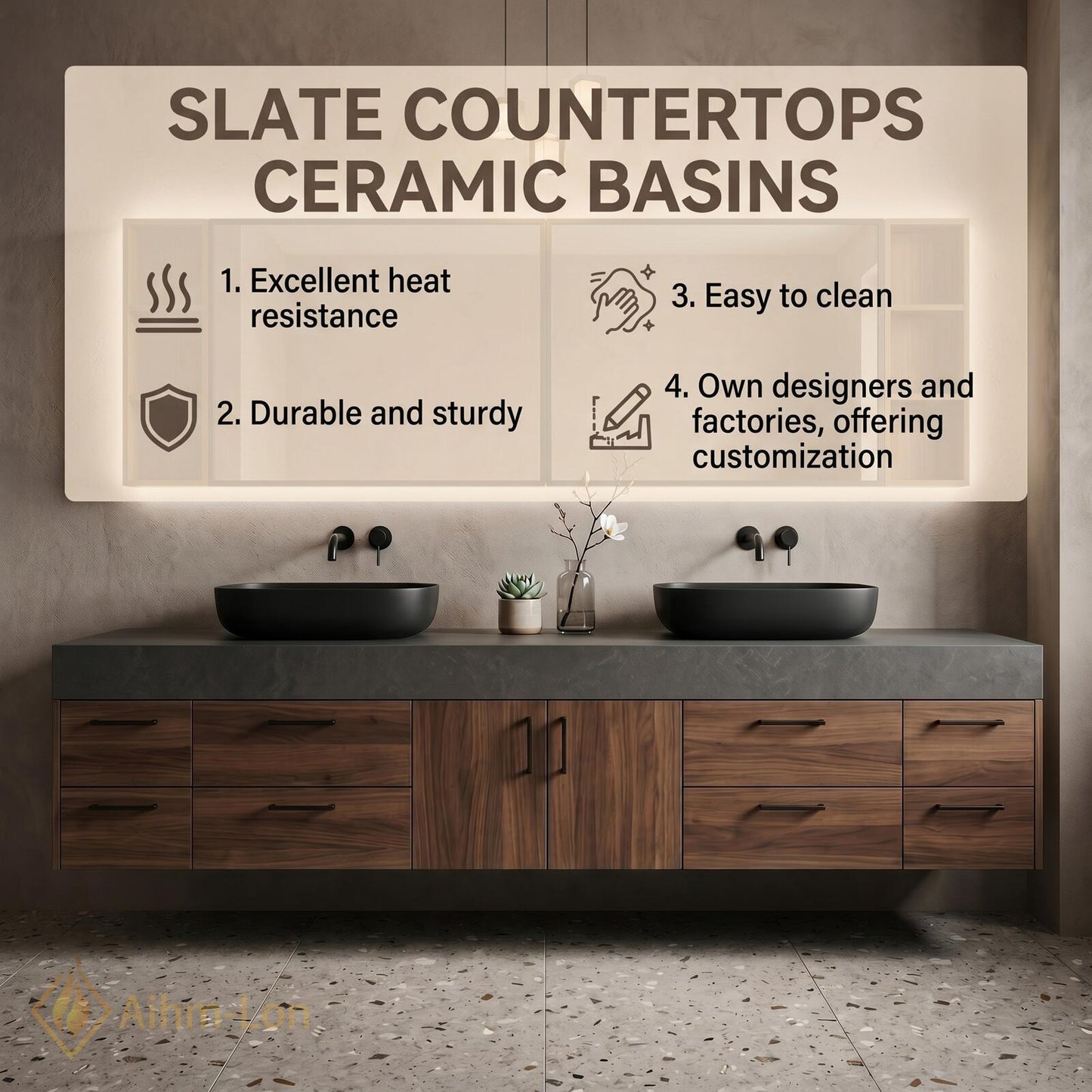 72''-96'' Double Bathroom Vanity with Sink Dark-Walnut Modern Floating Open Drawer