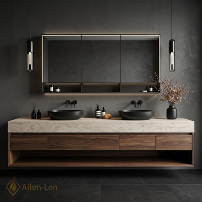 72''-96'' Double Bathroom Vanity with Sink Natural Stone Dark Wood Slab Countertop