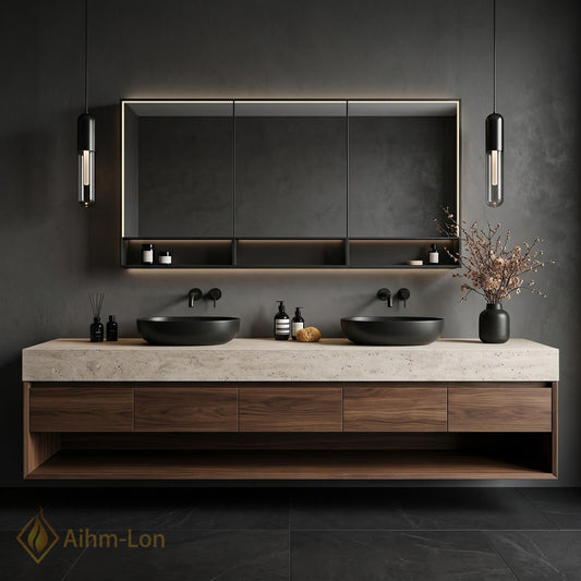 72''-96'' Double Bathroom Vanity with Sink Natural Stone Dark Wood Slab Countertop