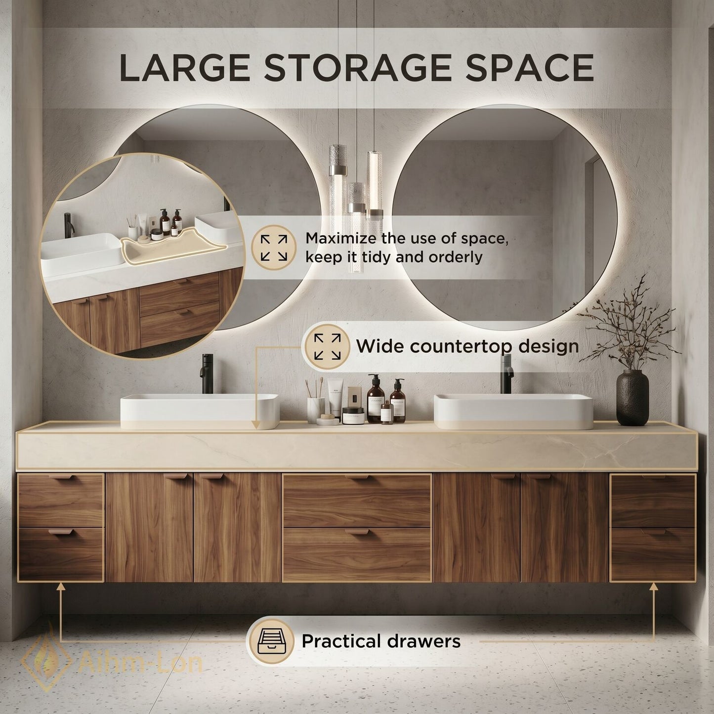 76''-96'' Double Bathroom Vanity with Sink Floating Wood-Grain Grained Panels Marble Patterned