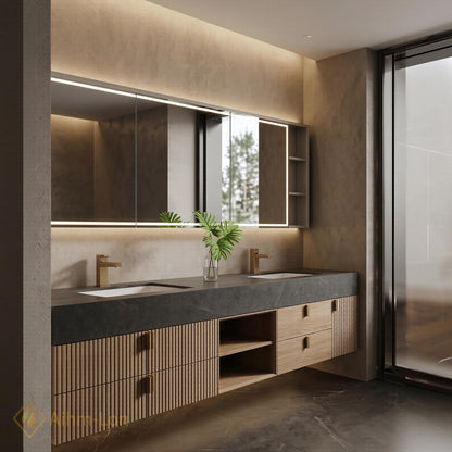 70''-96'' Modern Double Bathroom Vanity with Sink Floating Dark Stone Center Slatted