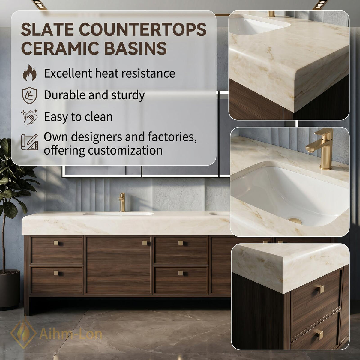 76''-96'' Double Bathroom Vanity with Sink Floating Double Walnut Finish Slatted Panel