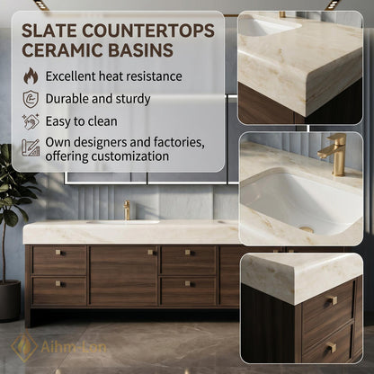 76''-96'' Double Bathroom Vanity with Sink Floating Double Walnut Finish Slatted Panel