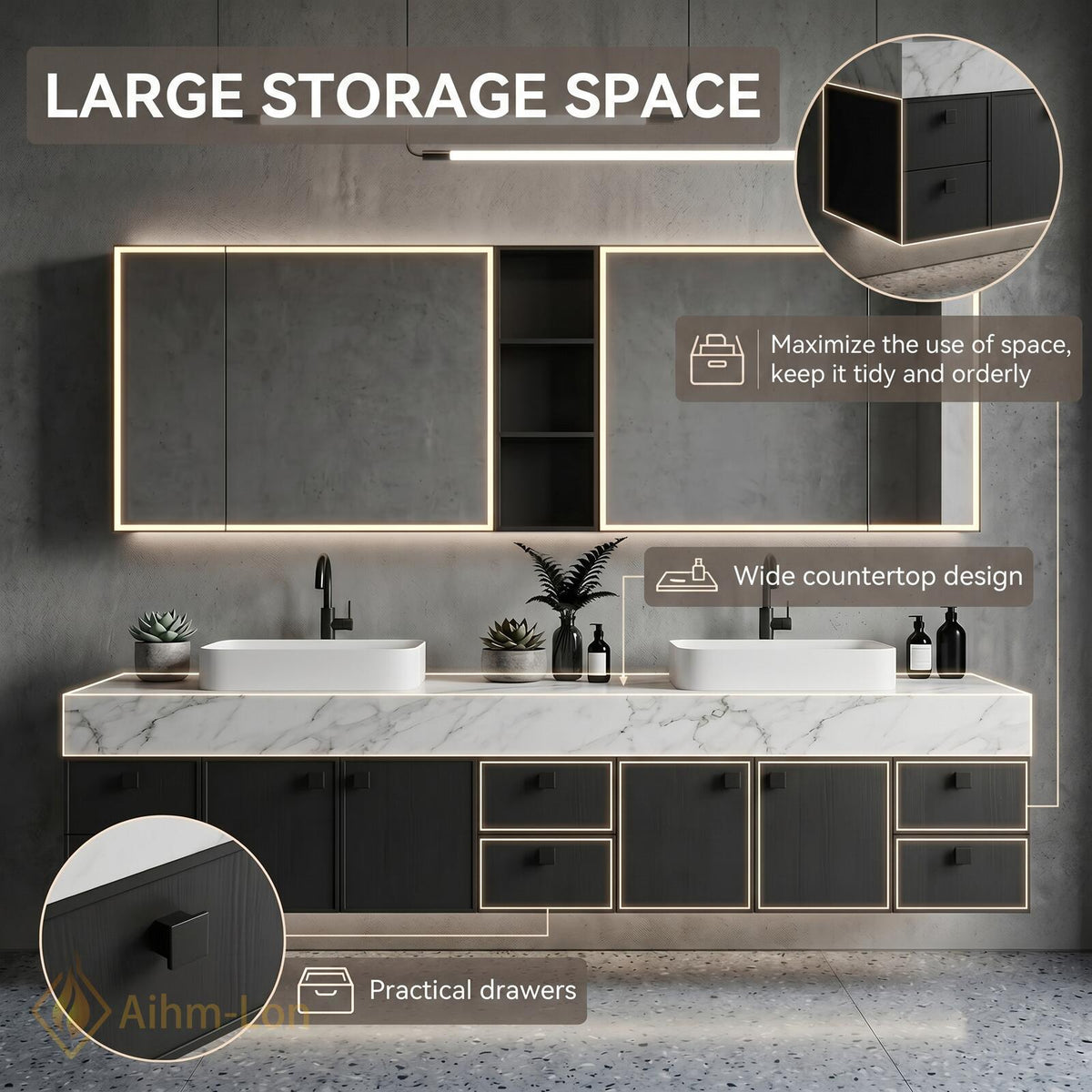 60''-96'' Double Bathroom Vanity with Sink Modern Floating Slatted Panel Dark Walnut