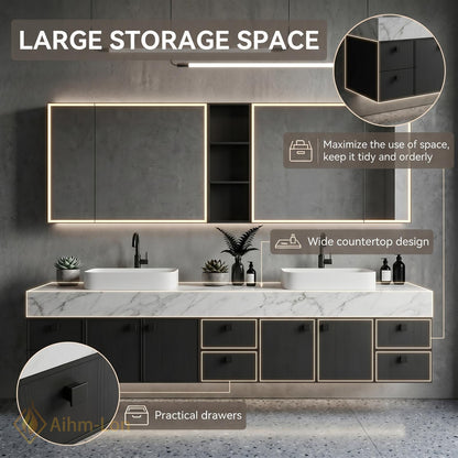 60''-96'' Double Bathroom Vanity with Sink Modern Floating Slatted Panel Dark Walnut