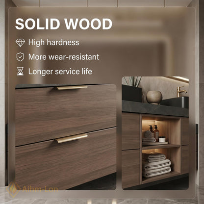 60''-96'' Modern Bathroom Vanity with Sink Dark Walnut Slatted Center Open Shelving