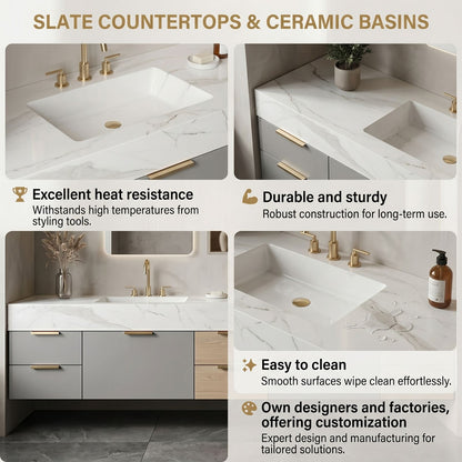 72''-96'' Double Bathroom Vanity with Sink Floating Marble Patterned Drawer Storage Cabinet