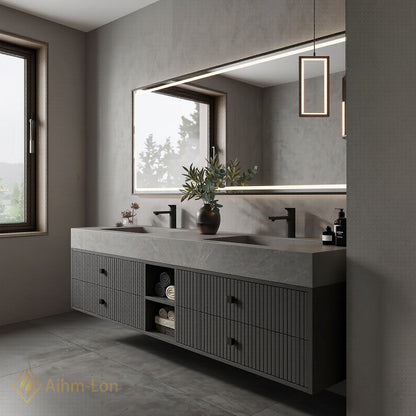 60''-96'' Double Bathroom Vanity with Sink Grey Floating Modern Stone-Top Vertical Grooved