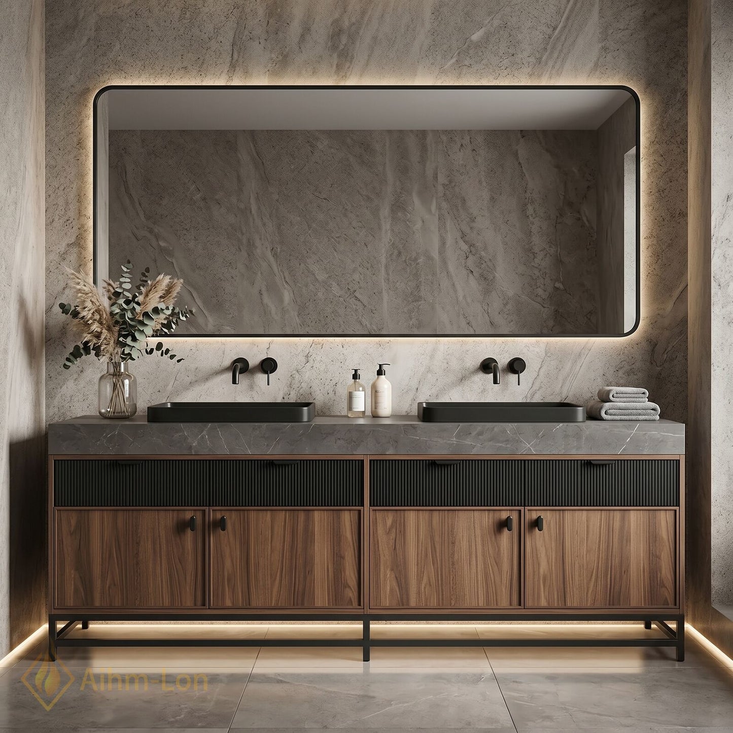 70''-96'' Double Bathroom Vanity with Sink Grey-Marble Grey Modern Wood-Grain Top Drawers