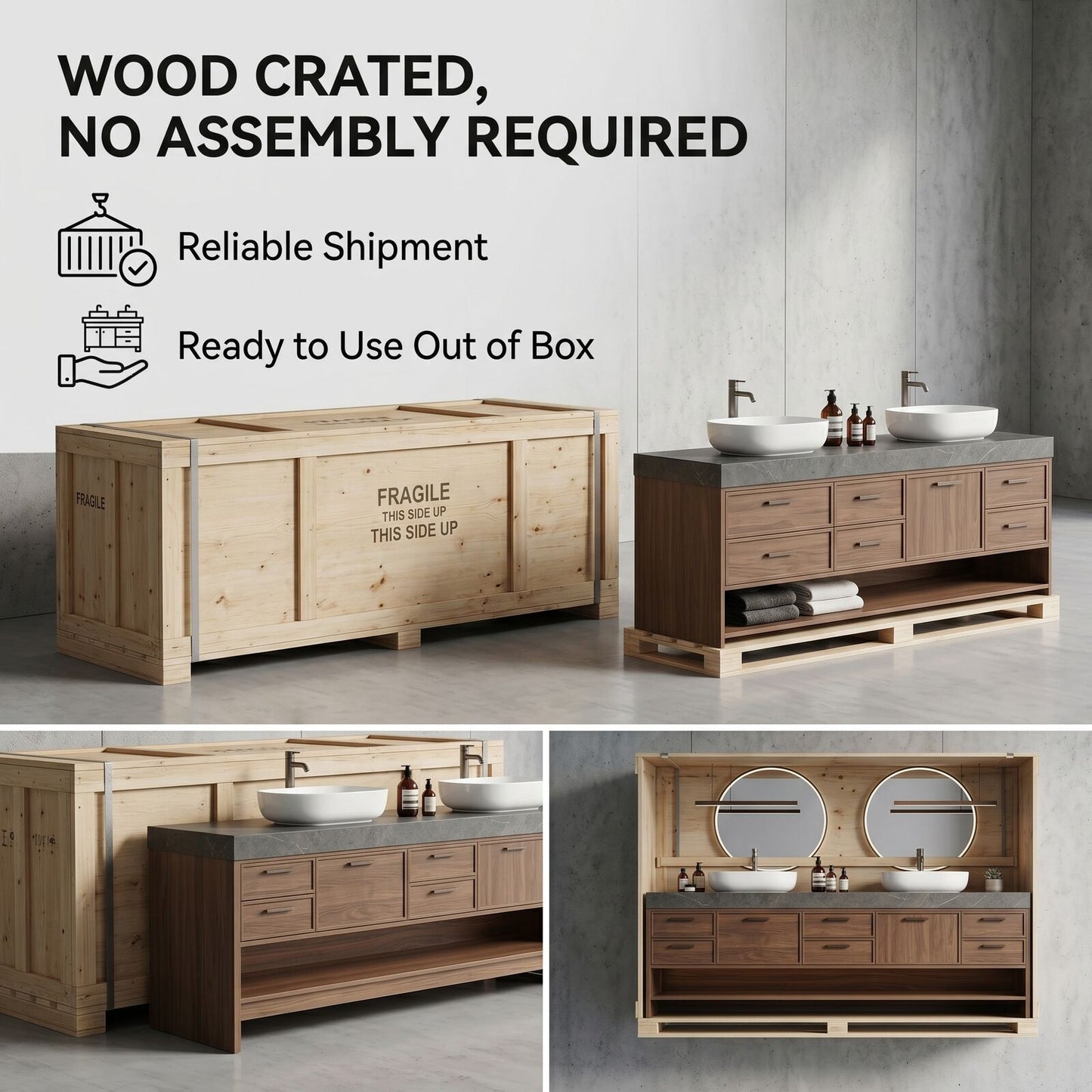 72''-96'' Modern Bathroom Vanity with Sink Grey Stone Natural Wood Texture Double Vessel