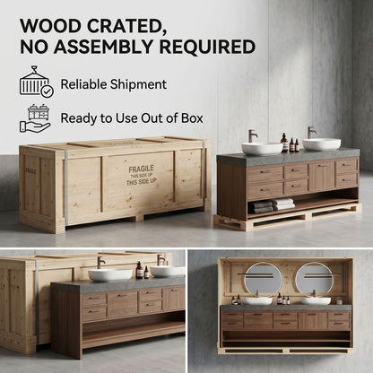 72''-96'' Modern Bathroom Vanity with Sink Grey Stone Natural Wood Texture Double Vessel