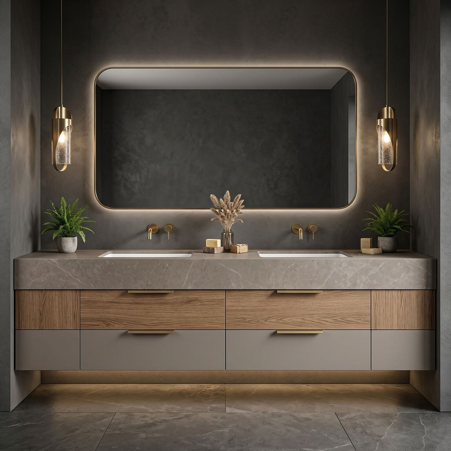 60''-96'' Modern Bathroom Vanity with Sink Double Sink Smooth Stone Floating Drawers Mirror