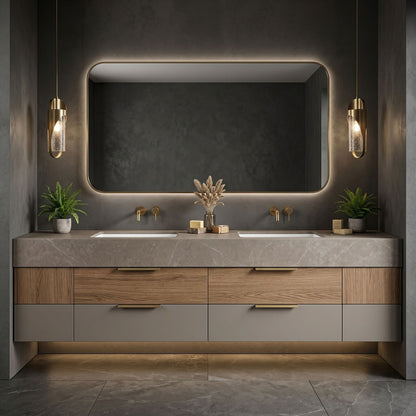 60''-96'' Modern Bathroom Vanity with Sink Double Sink Smooth Stone Floating Drawers Mirror