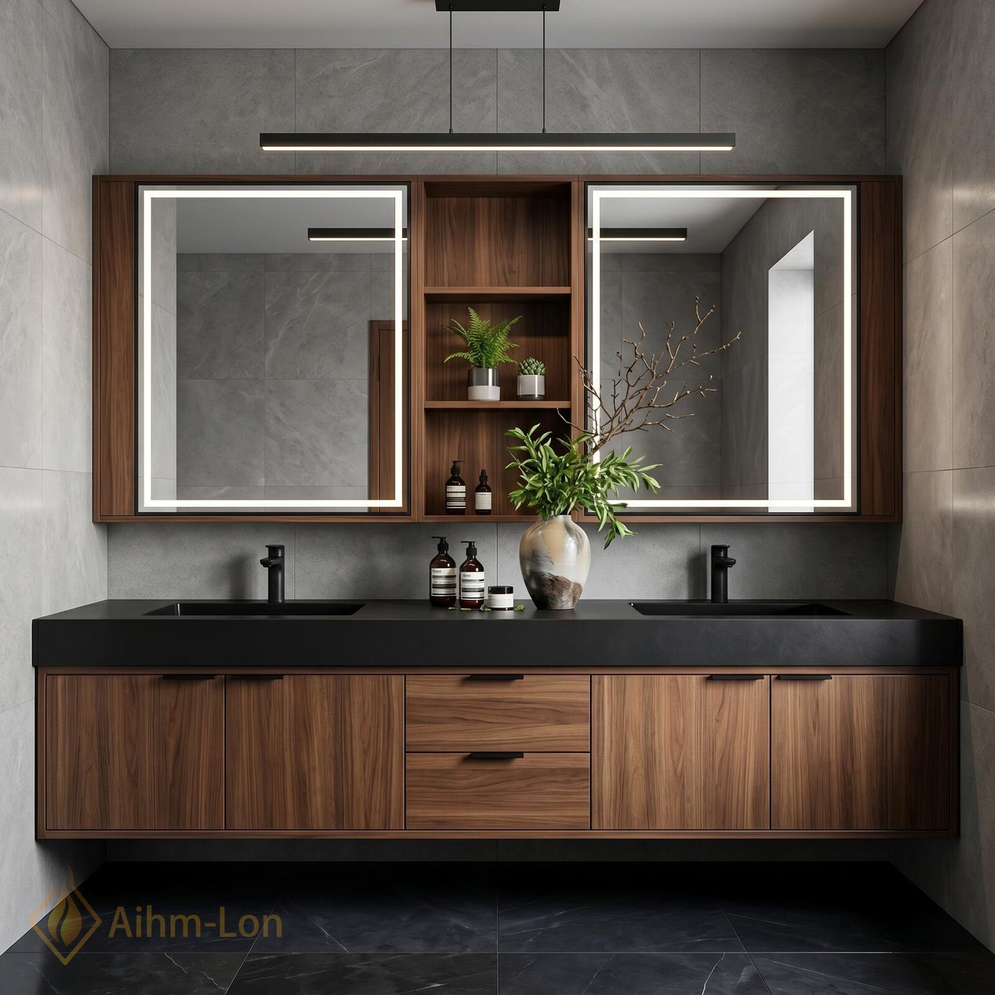 60''-96'' Double Bathroom Vanity with Sink Modern Dark Walnut Finish Slatted Center