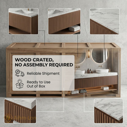 60''-96'' Double Bathroom Vanity with Sink Double Sinks Slatted Wood Panel Shelving