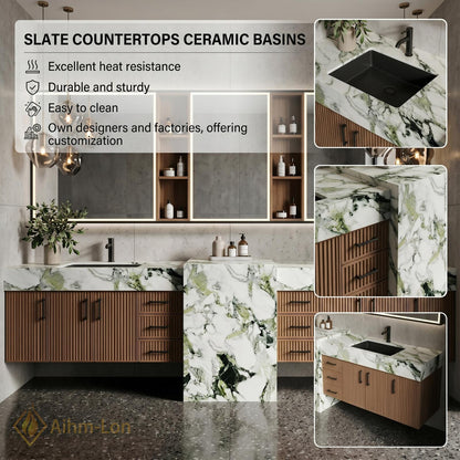 60''-96'' Double Bathroom Vanity with Sink Green Veined Marble Slatted Wood Panels
